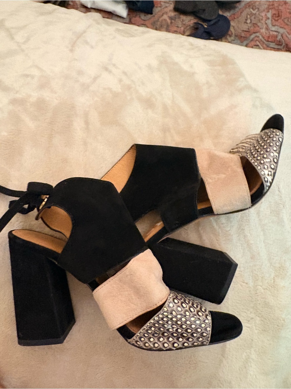 Womens COACH Black and Beige Block Heel Sandals with Studded Toe